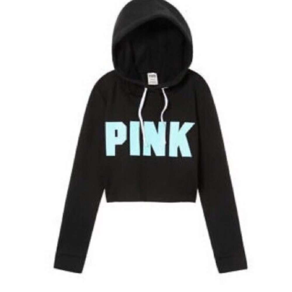 PINK Victoria's Secret Black Cropped Hoodie with Light Blue Text